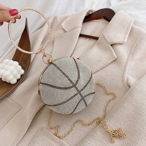 Vrouwen avond clutch kleurrijke kristallen diamanten ronde bolvormige clutch dames handtas bruiloft portemonnee ketting schoudertas: Zilveren basketbal