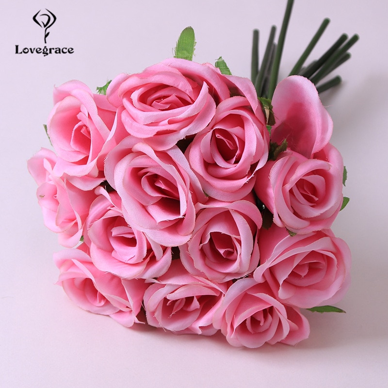 Lovegrace Rose Bouquet Flower Artificial Silk 12 Heads Rose Bridesmaid Hold Flower Bouquet Champagne Pink Home Wedding Decor