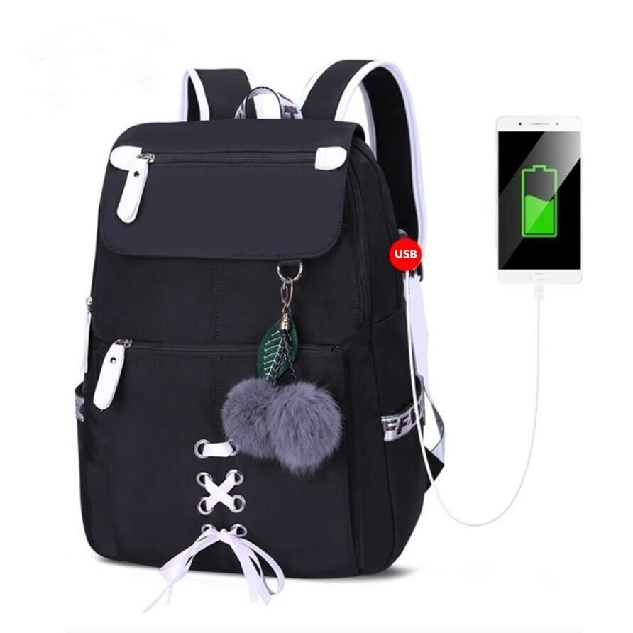 Junior lycée sacs pour filles sac à dos pour ordinateur portable femelle Usb sac à dos enfants sacs à dos école sac à dos pour filles sac Pack: Full Black