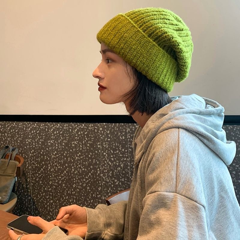 Sombrero de lana japonés para mujer, gorro de punto coreano que combina con todo, orejeras cálidas, GORRA DE PELO SUELTO grande, Gorros Casuales: Green