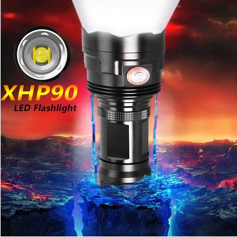 Super Bright XHP90 USB Rechargeable LED Flashlight Powerful Torch Waterproof XHP70 Light Use 18650 or 26650 Battery