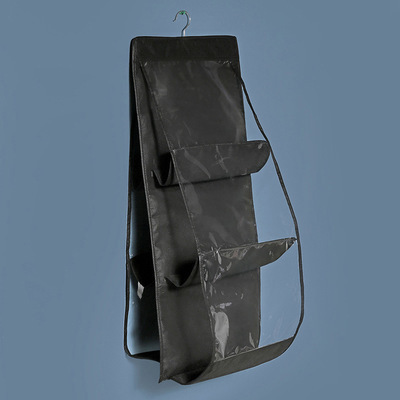 6/8 cells Transparent Hanging Bag Dual-Side Dust-Proof Wardrobe Closet Leather Bag Storage Sundry Shoe Underwear with Hanger: 6-cells-Black