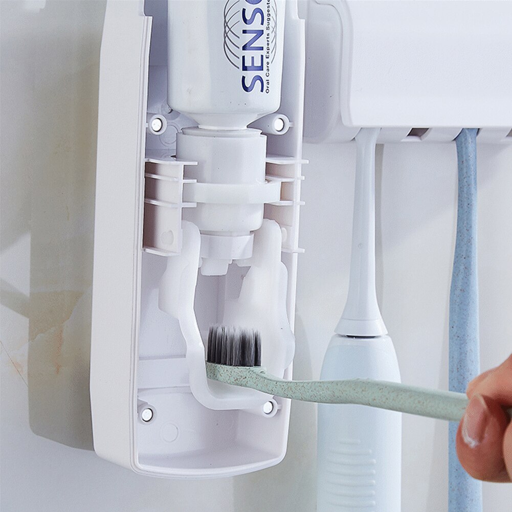 Automatisk tandkräm tandkrämshållare tandborstdispenser + 5 tandborsthållare set väggfäste stativhållare