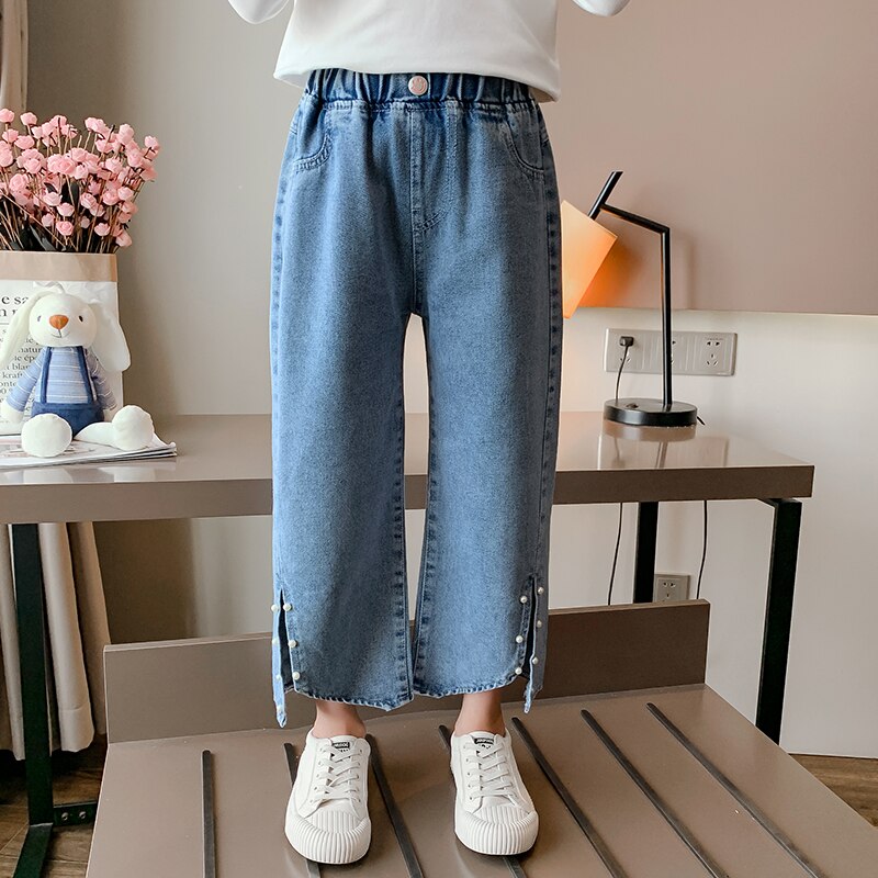 Süße freundlicher Jeans Mädchen Hosen Asymmetrie Perle schlitz breite bein Jeans freundlicher Kleidung Für 3 4 5 6 7 8 9 10 11 12 13 jahre Mädchen Jeans