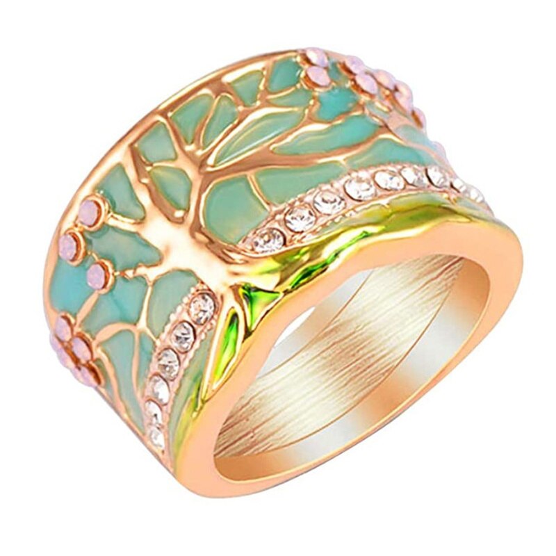Amorui Boom Van Leven Ringen Voor Vrouwen Vriendin Vintage Geluk Bloem Roze Opaal Groen Emaille Brede Dames Ringen