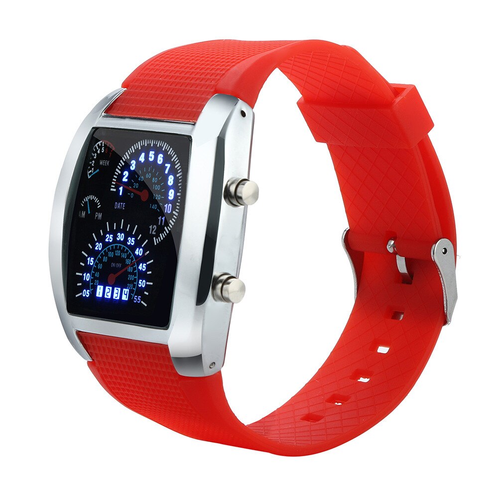 watch men LED Light Flash Turbo Speedometer Sports Car Dial Meter Watch Luxury watch chargeable Relogio Masculino: Red A