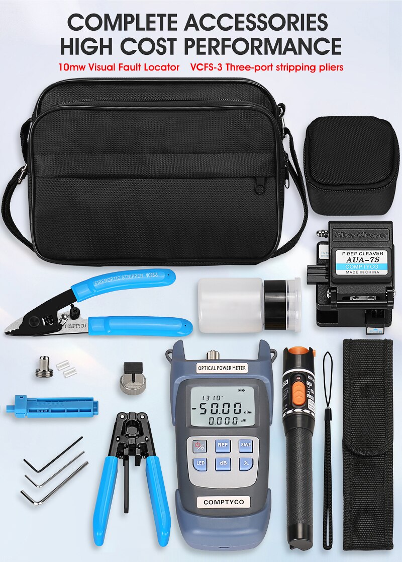 19 IN 1 FTTH Fiber Optic Tool Kit with -70~+10dBm Optical Power Meter 10MW Visual Fault Locator OPM VFL