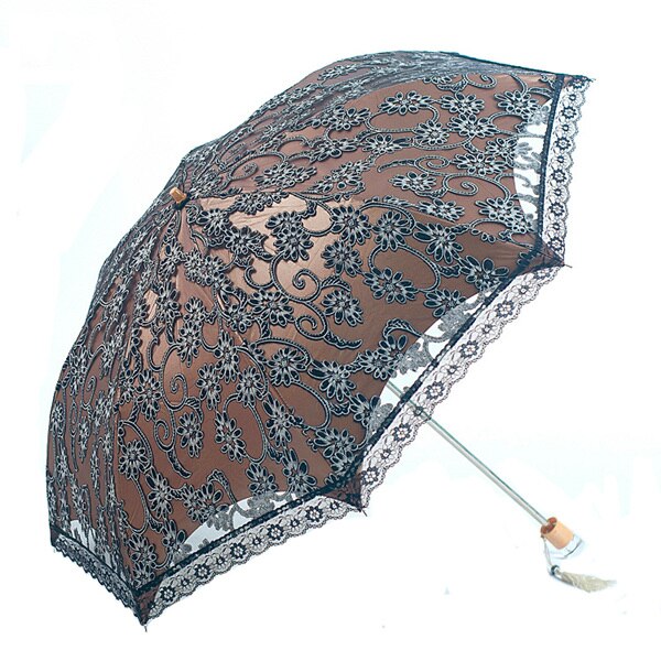 Paraguas de encaje bordado para mujer, sombrilla de verano para niñas, sombrillas para sol y lluvia, sombrilla portátil para mujer: black