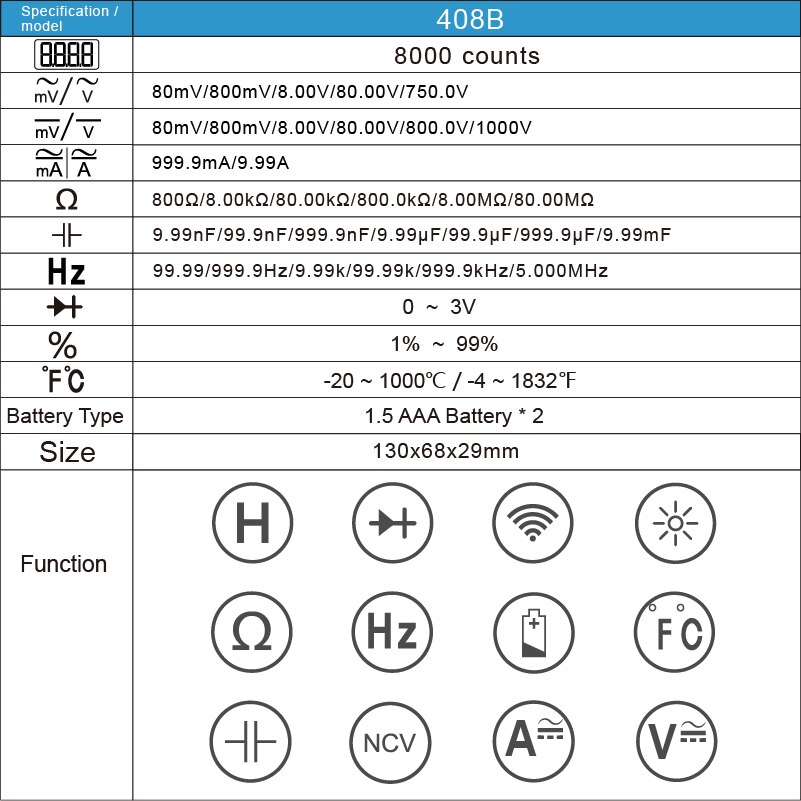 RM408B Digitale Multimeter Knop 8000 Telt True-Rms Temperatuur Test 5Mhz Frequentie Acdc Spanning Stroom 9.999mF Capaciteit