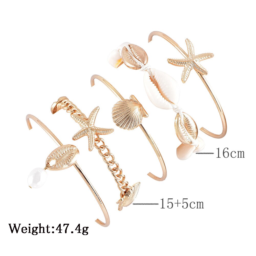Set van 5 damesarmbanden met schelp, parel, zeesterren, sint-jakobsschelp, gevlochten touw, gouden armbandenset, bohemien, bruiloftsfeest sieraden