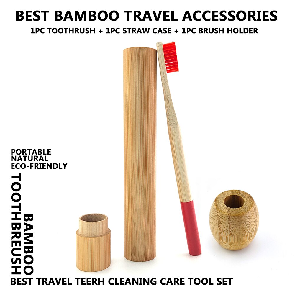 Colorful Column Bamboo Toothbrush Top Flat Portable Travel Set with Bamboo Tube Bamboo Case Natural Wooden Toothbrush Holder: Red