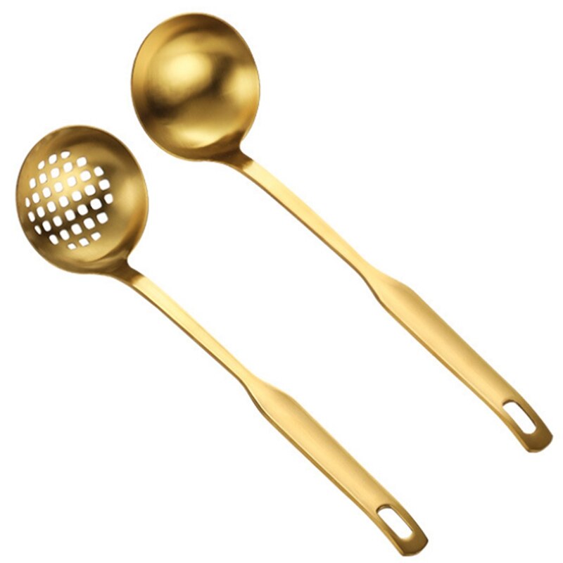 Juego de colador de cazo de sopa de oro, cuchara de servir de utensilios de cocina de acero inoxidable con mango largo, para utensilio de cocina (2 uds): Default Title