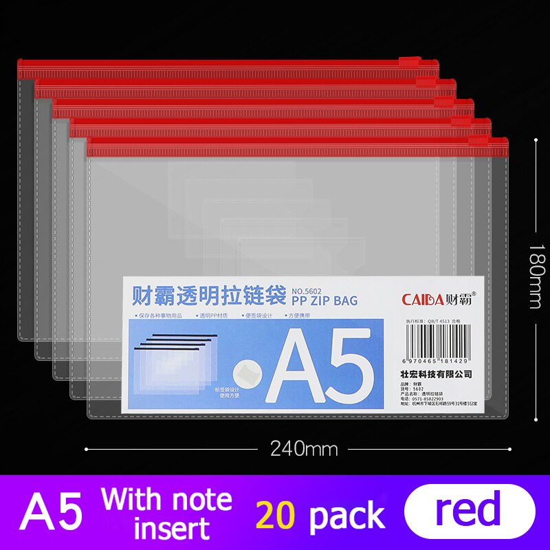 20Pcs Bestand Houder Transparant Plastic Informatie Tas A5 Rits Grote Capaciteit Boek Tas A4 Briefpapier Student Office Bestand Zak: A5 red