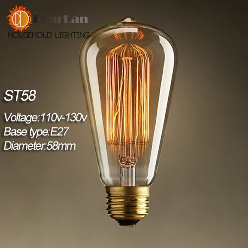(ST58) E27 bombilla de filamento de tungsteno de 40W 220V bombilla antigua Vintage mundial/bombilla de Lámpara antigua, buenos artículos [BJ-74]: ST58 110V-130V