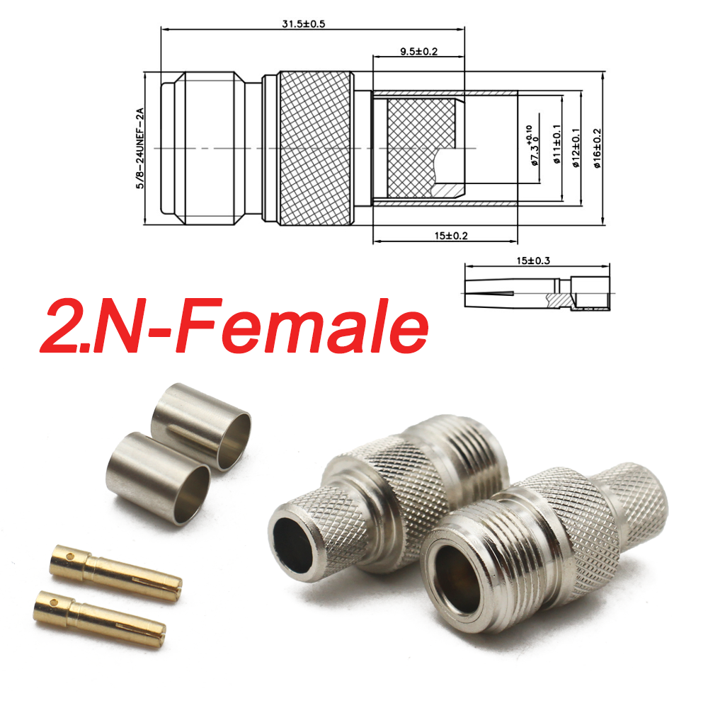 1 stk. 50-7 l16 n rf koaksialstik n-hanstik hun-jack krympe- og klemmestik lige til lmr -400 rg8 rg213 7d- fb-kabel: Mørkegrå / 2p