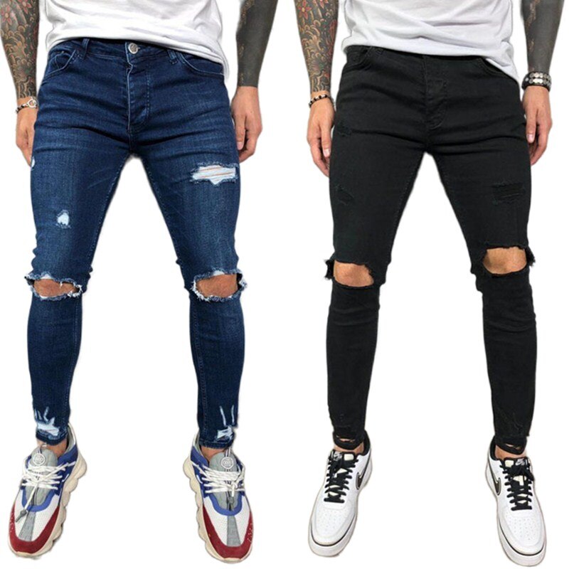 Homme déchiré crayon Pantalon Slim Denim couleur Pure motard jean détruit trou Hip Hop Slim homme rayé jean Hombre Pantalon