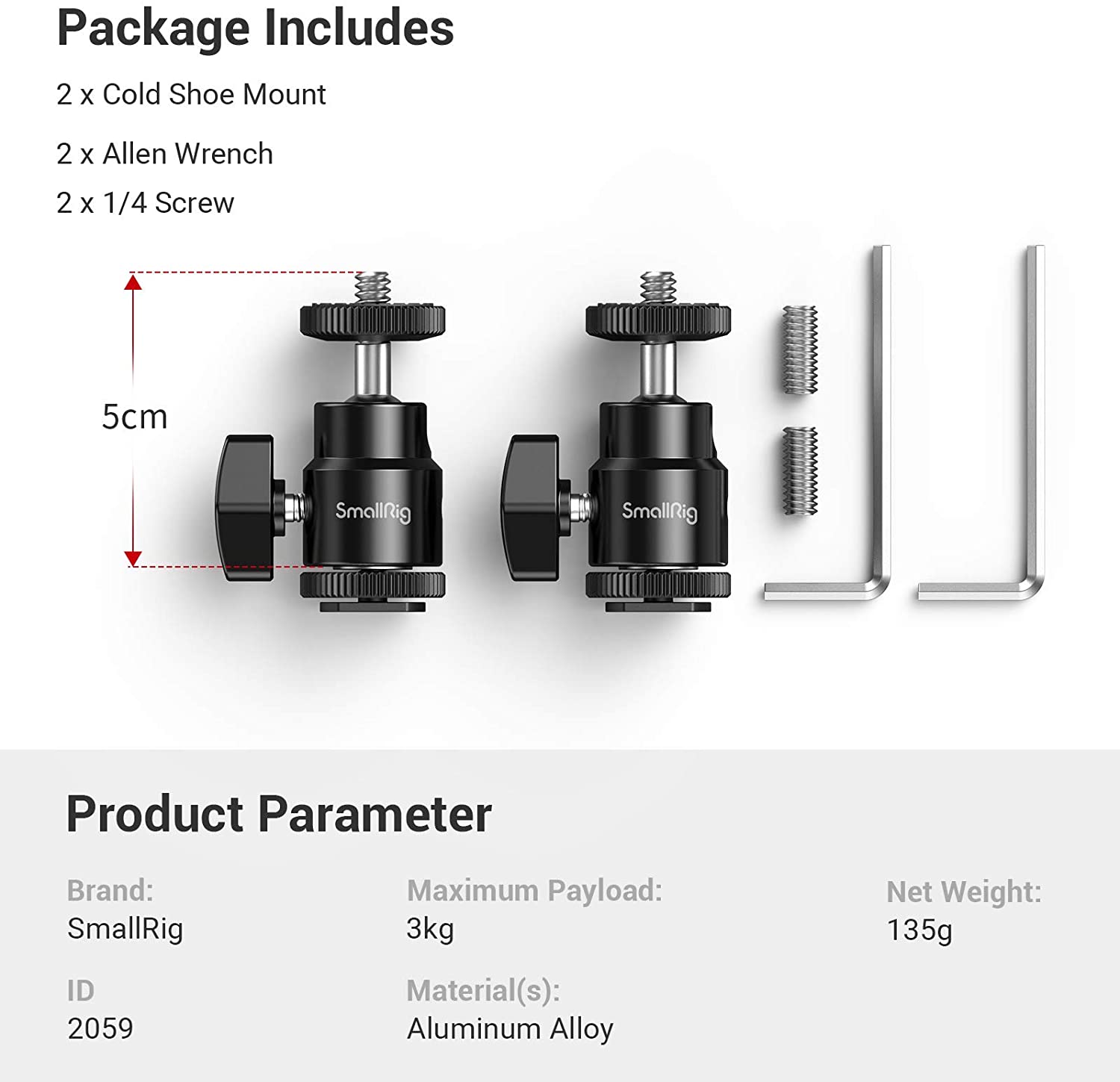 SmallRig 1/4" Camera shoe Mount With Additional 1/4" Screw Support Bracket Dslr Cold Shoe Mount (2pcs Pack)-2059