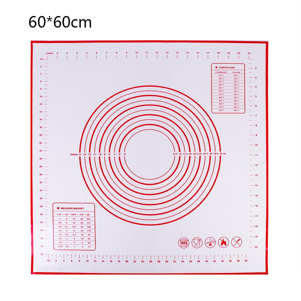 Large Size Silicone Baking Mat Sheet Non Stick Kneading Pad With Measurement Fondant Mat Fiberglass Rolling Dough Pad Oven Liner: 60x60cm Red