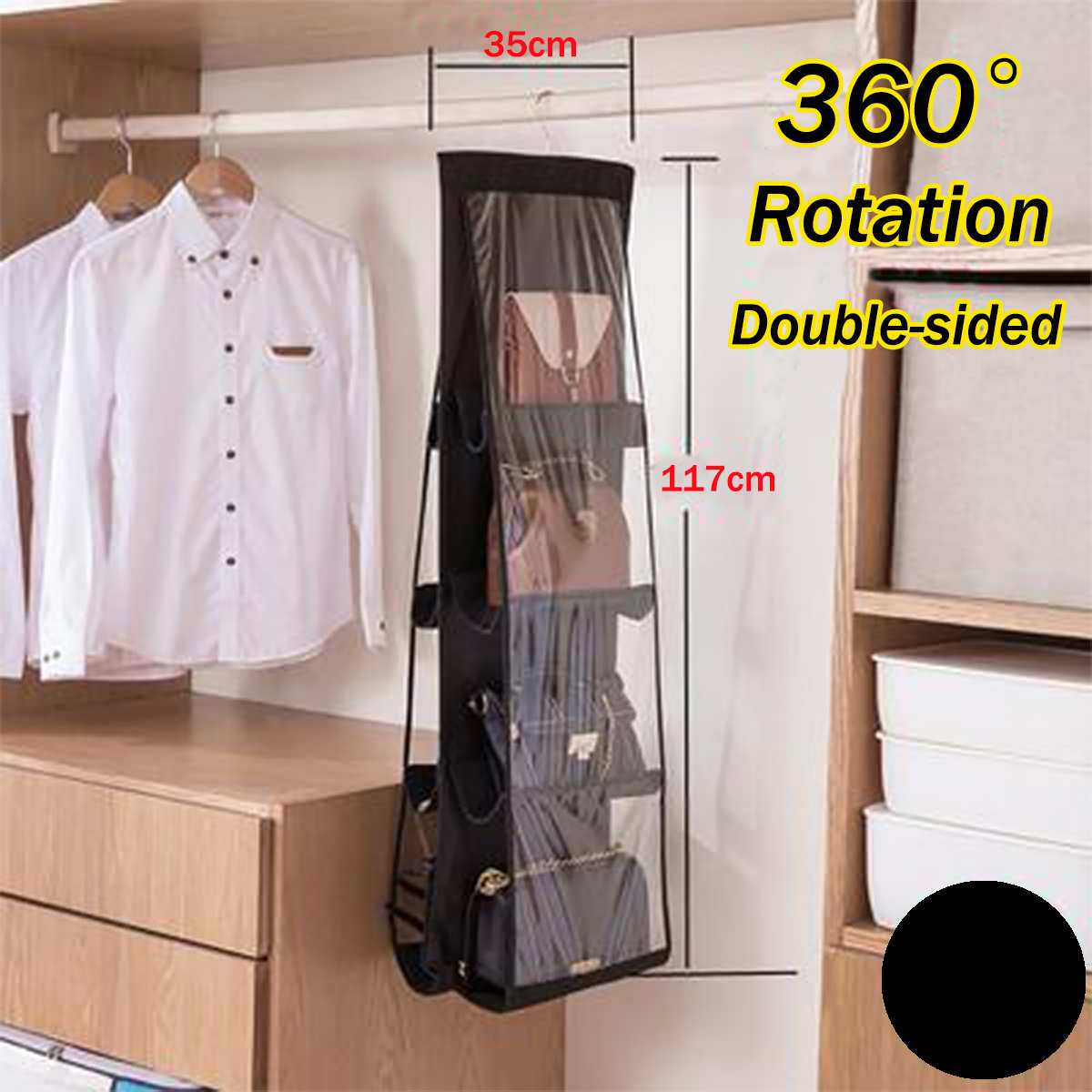 8 Pocket Handbag Storage Bag Purse Tote Bag Folding Hanging Clear Double-Sided Foldable Wardrobe Organizer Closet Hanger: Black