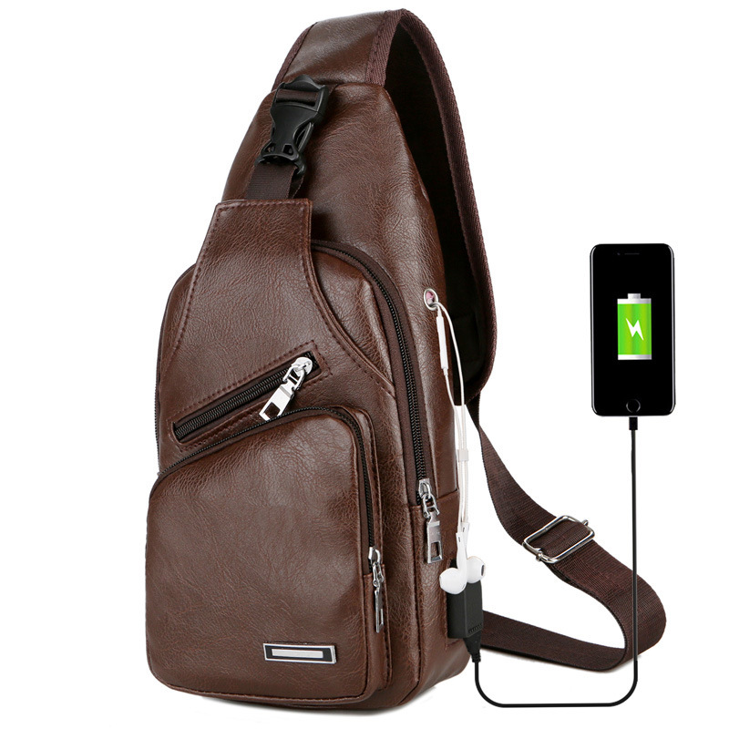 Men chest bag 2022 vintage messenger bag men convenient USB charging outdoor waterproof crossbody men bags: Brown