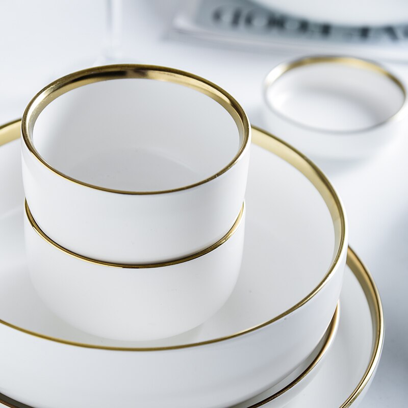 Juego de vajilla de porcelana con borde dorado, plato de cerámica para pastel, comida, ensalada, sopa, tazón, vajilla para restaurante