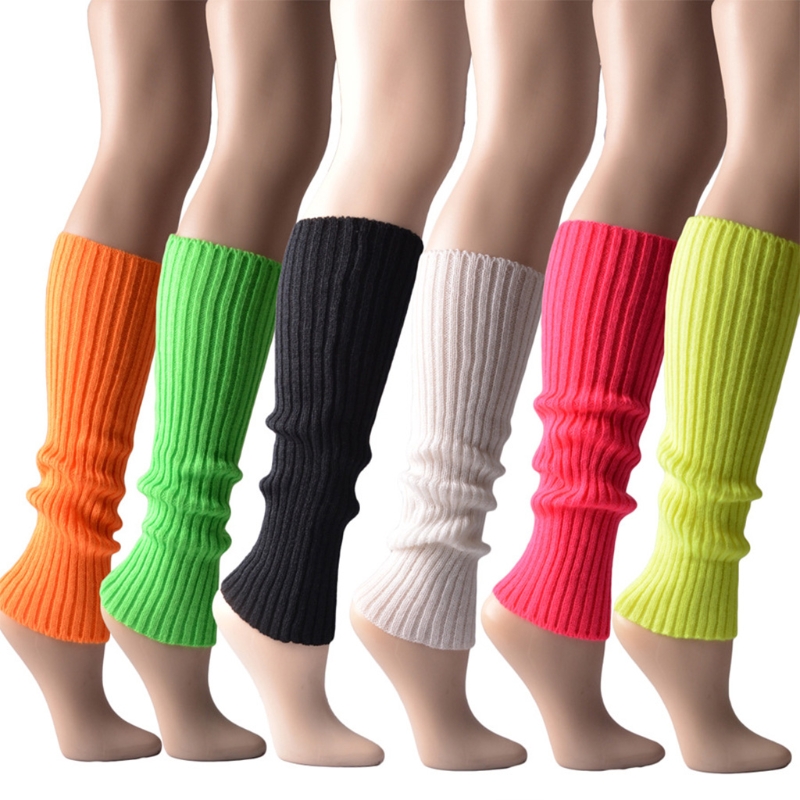 Women Vintage 80s Ribbed Knitted Leg Warmers Fluorescent Color Crochet Long Boot Socks Stockings for Party Dance Yoga