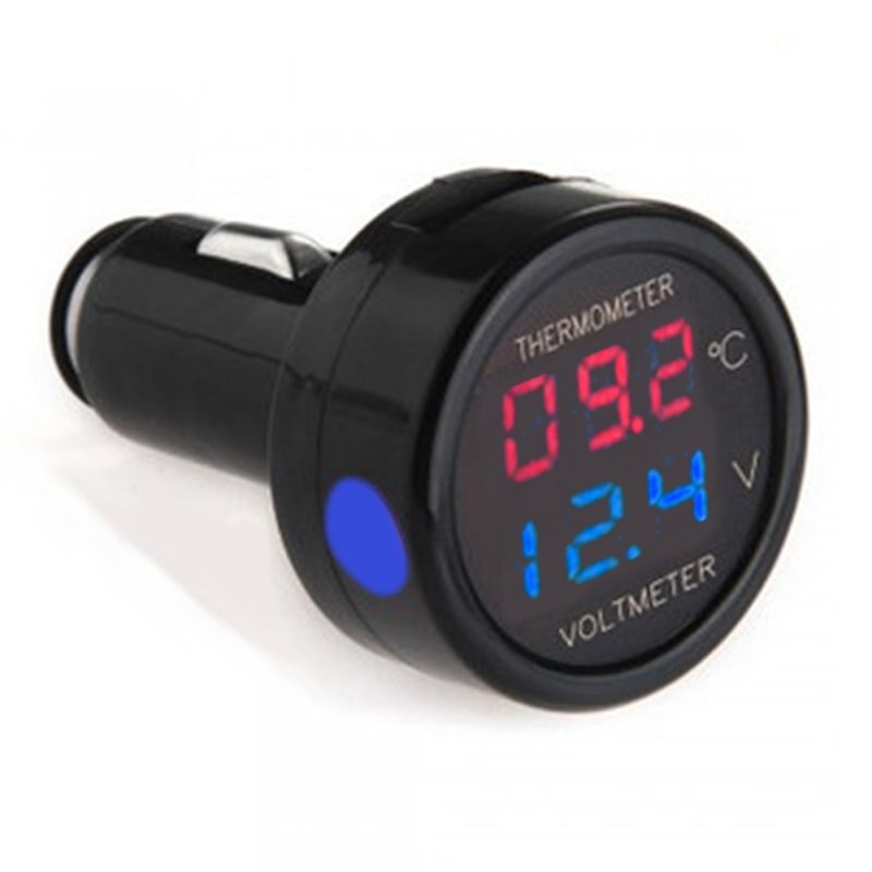 2 in 1 dc 12v 24v digitale auto voltmeter thermometer temperatuurmeter batterijmonitor rood blauw led dubbel display: Blauw