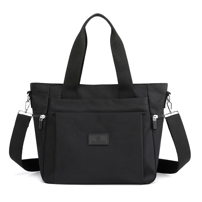Nylon Shoulder Bags For Women Solid Color Casual Tote Large Capacity Black Crossbody Bag Soft Zipper Travel Handbag: Black