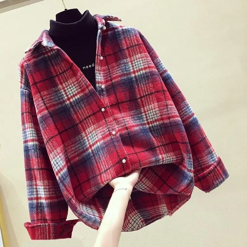 Spring Autumn Female Leisure Long Sleeves Shirt Women Plaid Woolen Cloth Cardigan Blouse Korean Ladies Loose Shirt