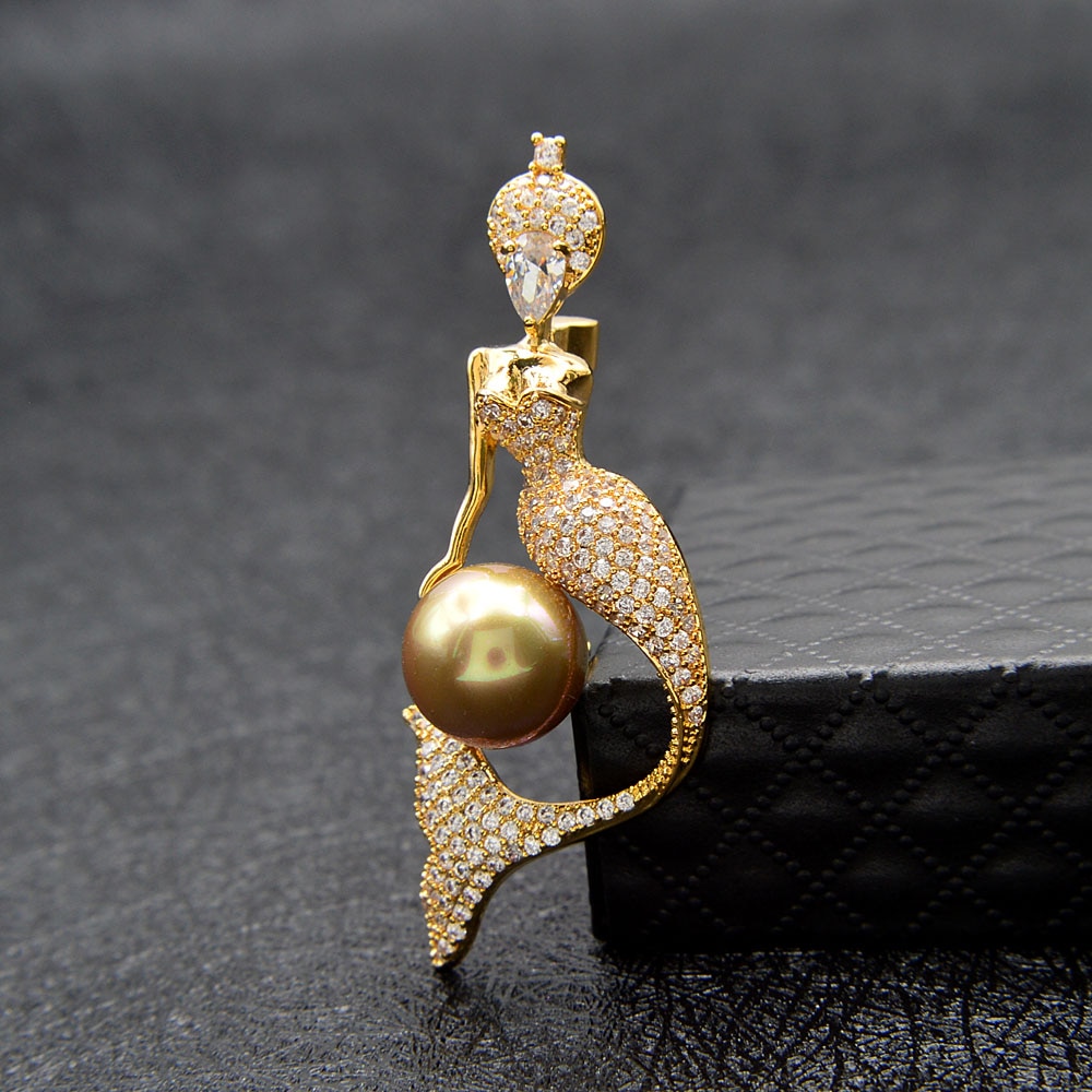 CINDY XIANG Cubic Zirconia Mermaid Brooches For Women Pearl Brooch Pin Copper Jewelry 3 Colors Choose: goldcoffee