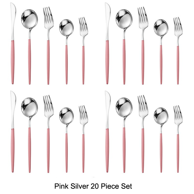 20 pièces or noir ensemble de couverts ensemble de vaisselle 18/10 acier inoxydable couteau Dessert fourchette cuillère vaisselle argenterie directe: Pink Silver