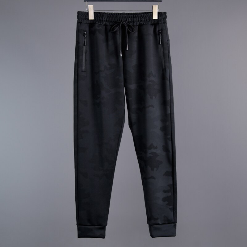 Mænd print lange bukser løbelommer træning sport fitness bukser udendørs elasticitet jogging camouflage bukser: Sort / Xl