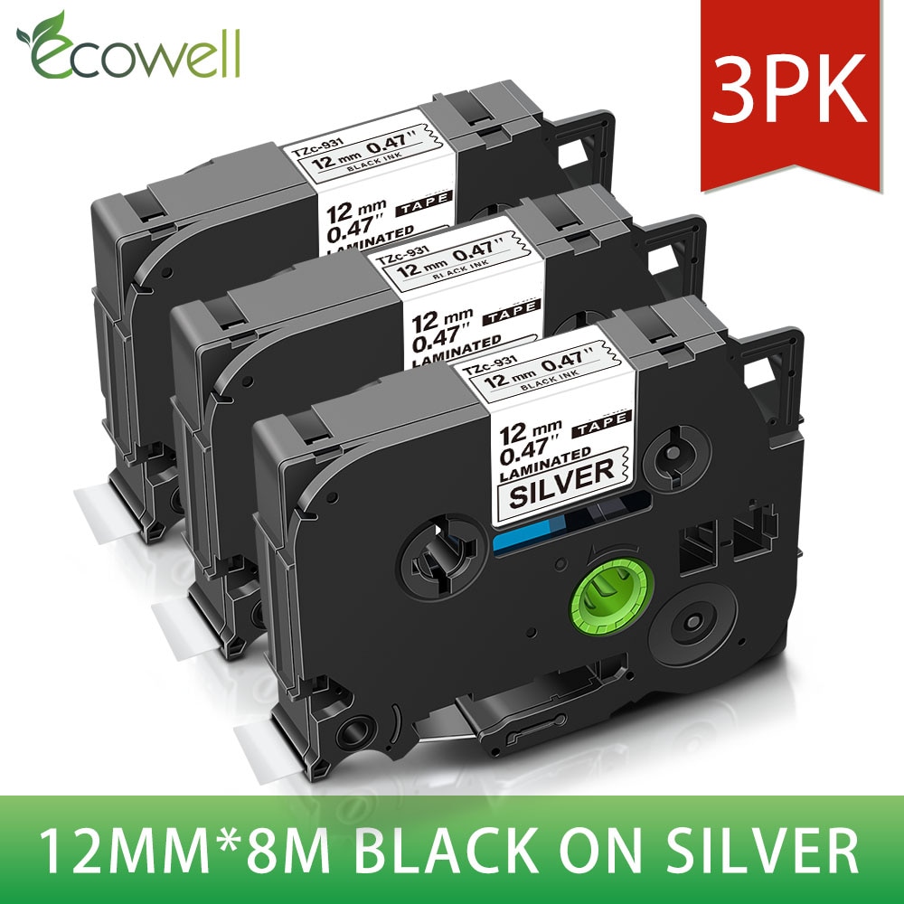 Ecowell 3PK 12mm*8m Laminated Label Compatible for 931 Printer Ribbon Black on Silver Compatible for Label Printers