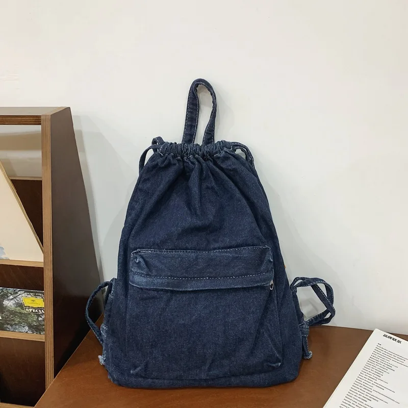 Mochila Gewassen Canvas Tas Met Trekkoord Voor Dames Retro Mode Reisrugzak Unisex Effen Kleur Denim Rugzak