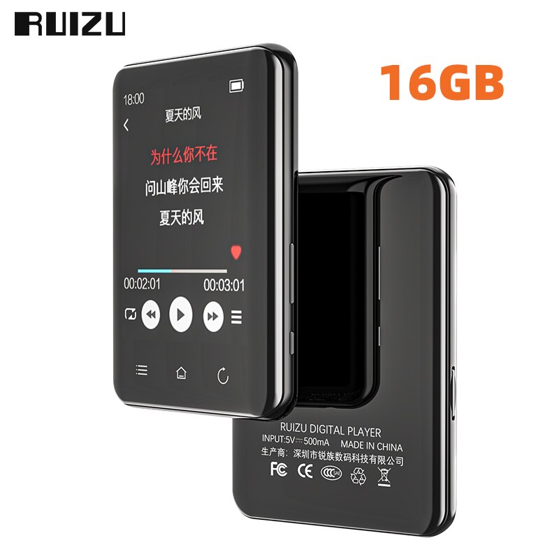 RUIZU-reproductor MP3 D66 con Bluetooth, pantalla táctil de 2,8 pulgadas, vídeo MP4, Hifi, para deportes al aire libre, con grabadora de libros electrónicos: 16GB