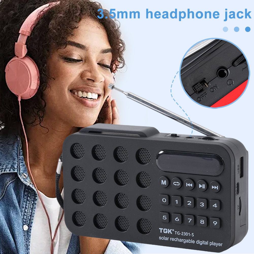 Mini bærbar lommeradio med fm-radio, bluetooth-kompatibel, solcelledrevet/genopladelig, batteridrevet, nødradio med  mp3 afspillere
