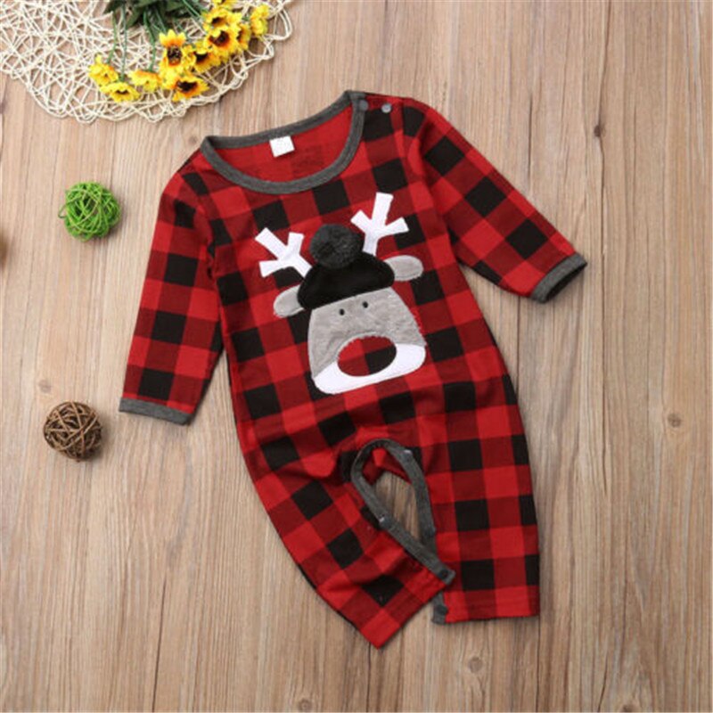 Christmas Baby Boy Girl Cotton Romper Babygrows Playsuit Xmas Deer Plaid Jumpsuit Clothes Outfit