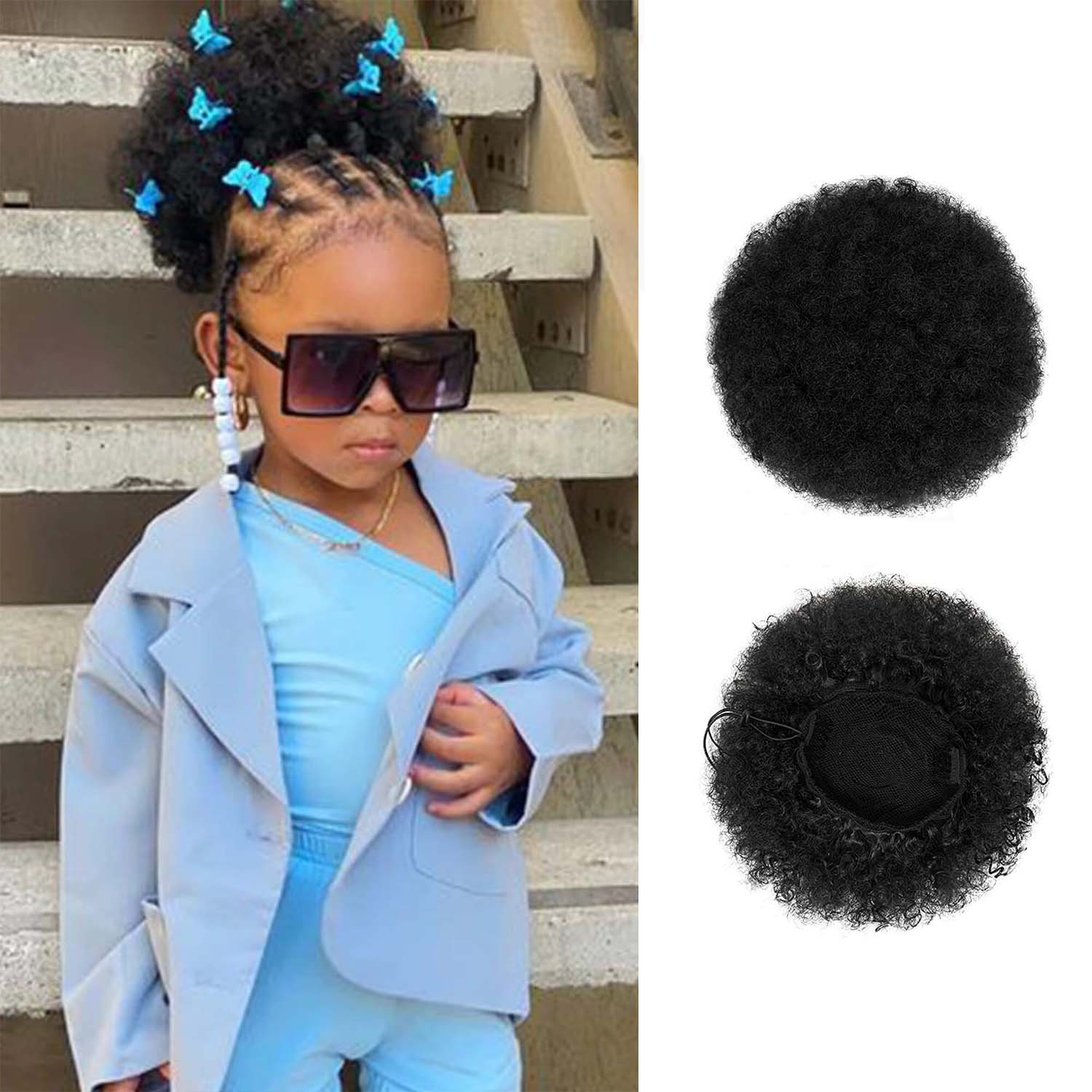 Synthetic 1PCS Kids Ponytail Afro Puff Ponytail for Girls Kids Kinky Curly Hair Updo Donut Chignon Children Small Size Hair Buns: #1B