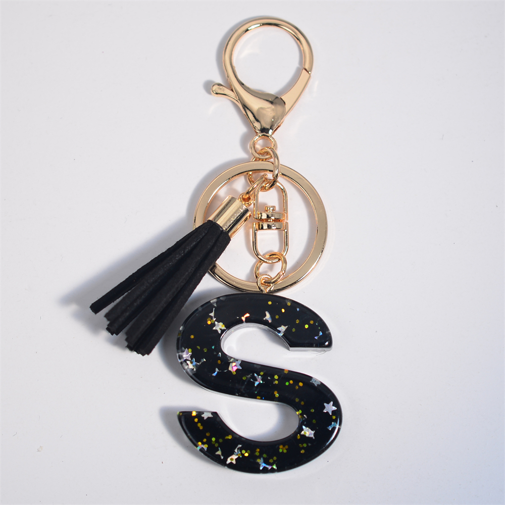 Schwarze Initialen A-Z Schlüsselanhänger Glitzer Stern Pailletten Harz Buchstaben Schlüsselanhänger mit Quaste für Frauen Tasche Ornamente Charm Autoschlüsselhalter: Licht Grün