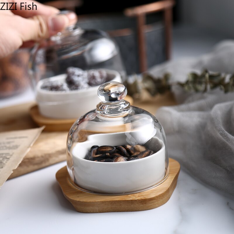 Noord-europese keramische snackschaal, set van 3 met glazen deksel, vershoudschaal voor restaurant, huishouden, taart, dessertschaal