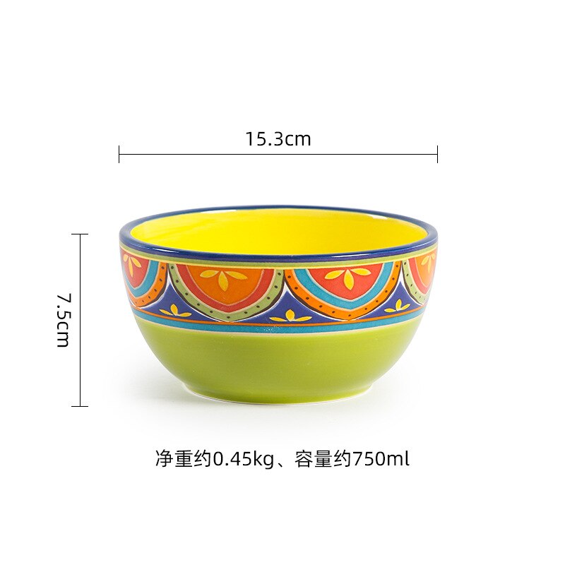 Série latine bols à salade en céramique créatifs, plats occidentaux peints à la main, bols à riz maison sous glaçure, ensemble d'assiettes à nouilles: 6 inch bowl-green