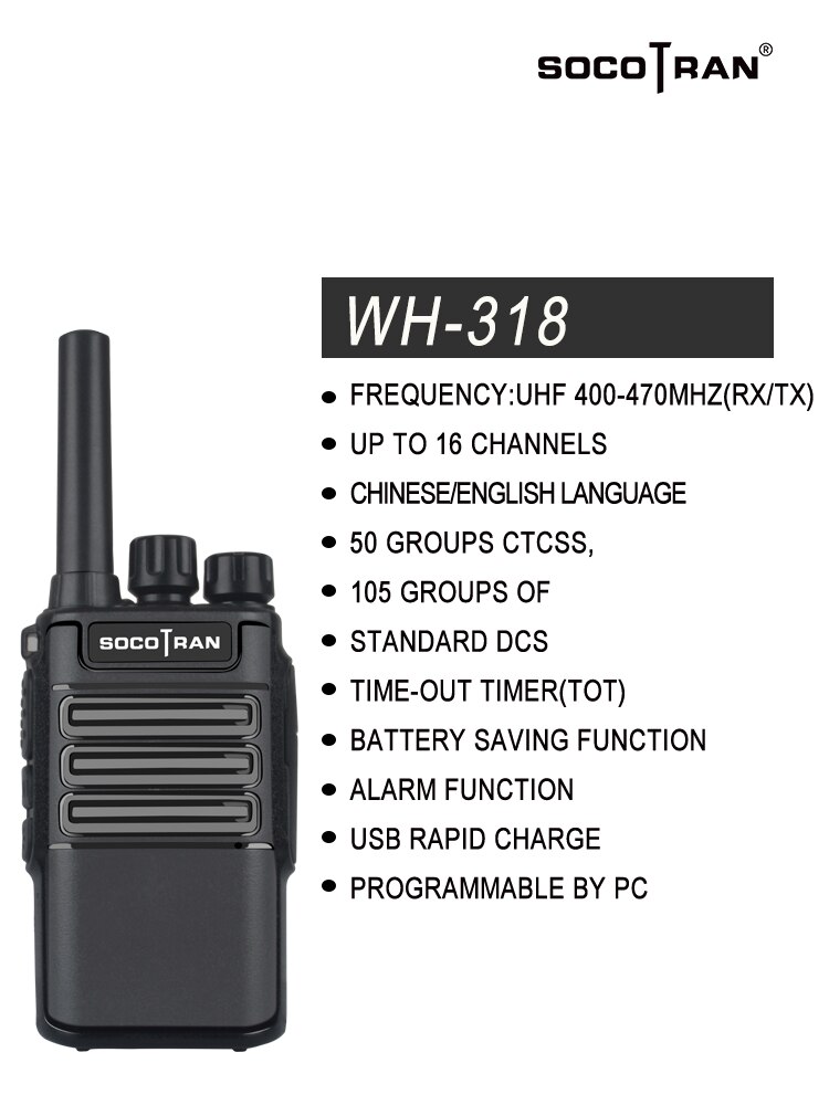 SOCOTRAN WH-318 Mini talkies-walkie UHF 400-470 MHZ 16 canaux Radio Comunicador soutien USB charge radio jambon
