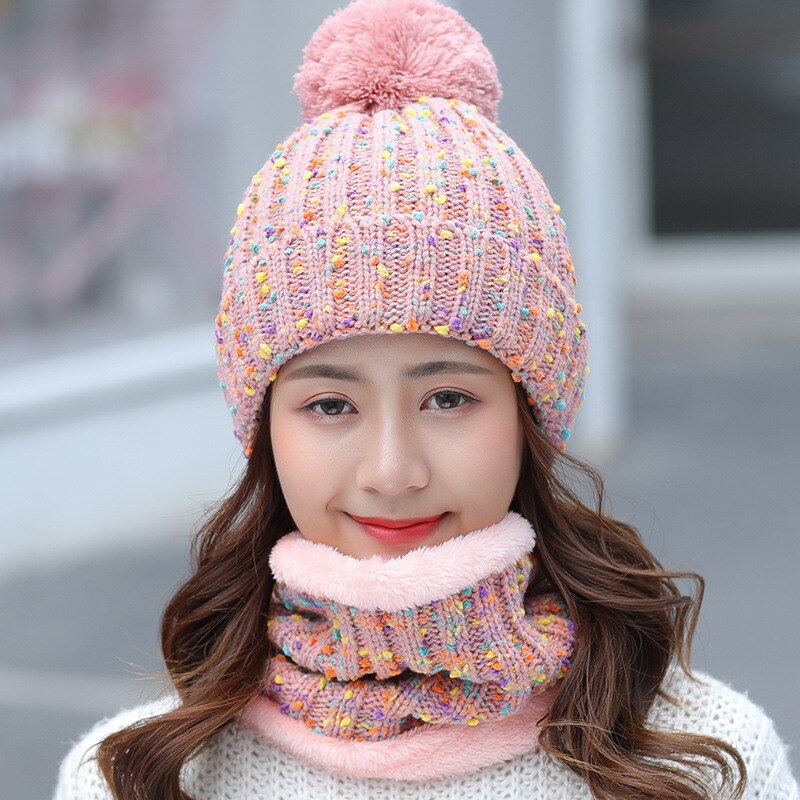Moda inverno feminino cachecol conjunto de chapéu e cachecol para mulher menina quente beanies chapéu para meninas anel cachecol pompons chapéus de inverno: pink