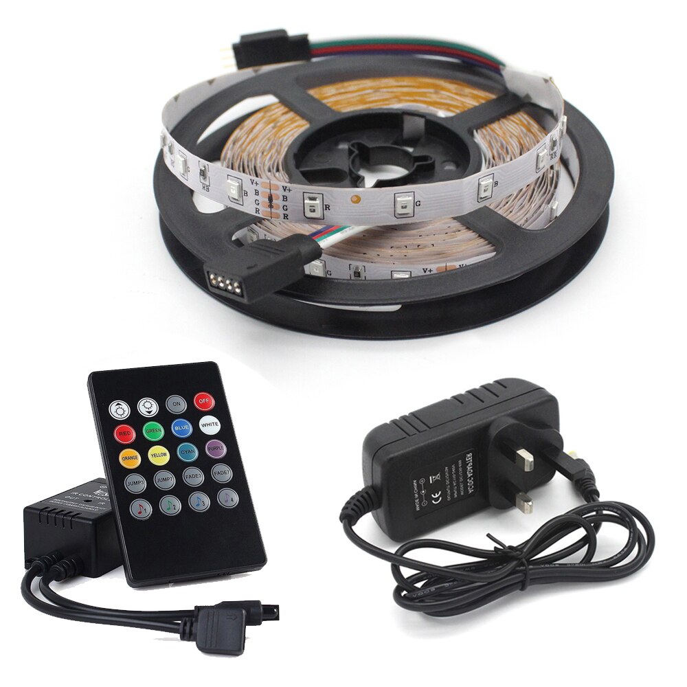 Tira de luces LED RGB 2835 con sincronización de música, 5 m, no impermeable, 12v, Sensor de sonido, Control de 20 teclas, cinta de retroiluminación: 5 M Full Set-UK Plug
