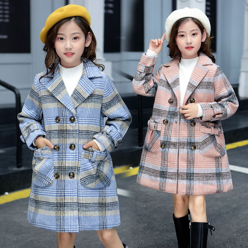 Manteau en laine pour fille, veste à carreaux, col rabattu, en coton, vêtements d'extérieur pour enfants, , automne hiver