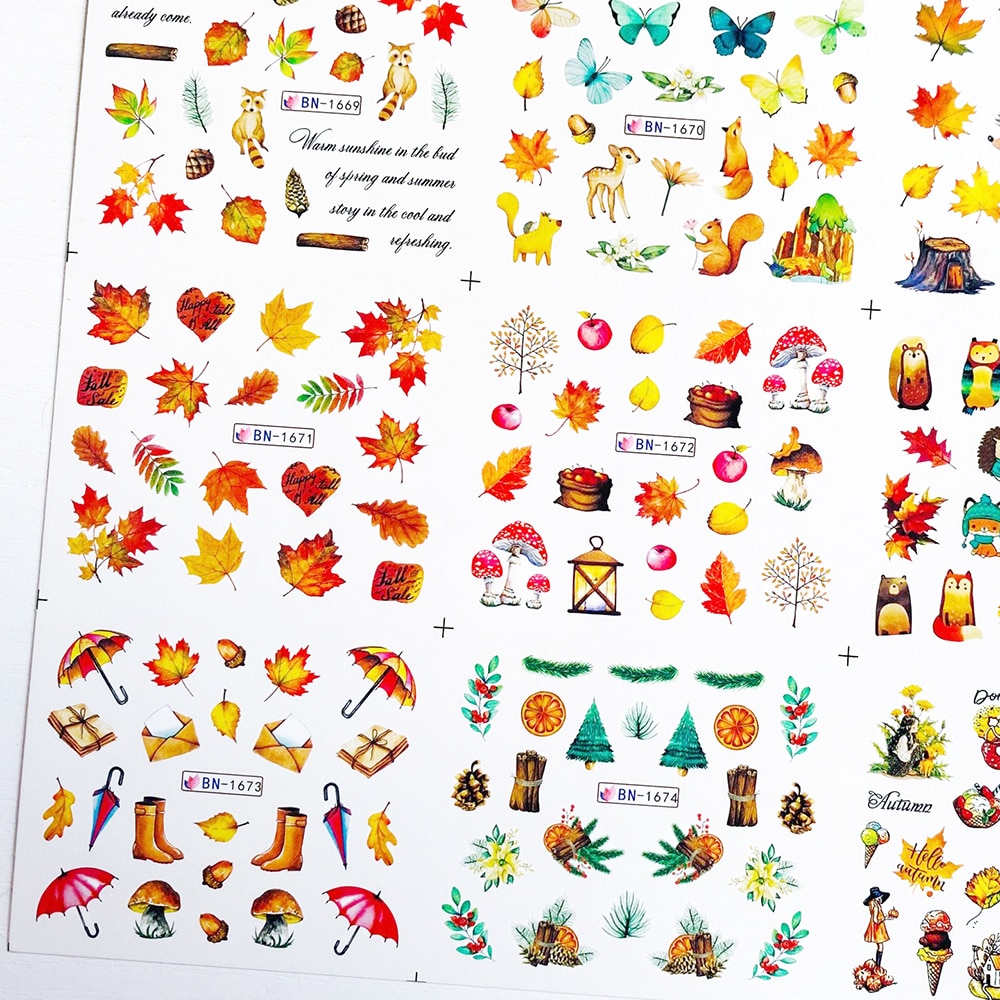 12 Designs Fall Maple Leaves Nail Art Stickers Water Decals Sliders Foil Autumn For Nail Manicure BN1669-1680