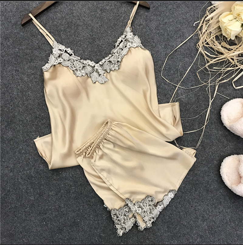 Ladies Sexy Silk Satin Pajama Set Lace Pajama Set Sleeveless Pajama Set V-neck Sleepwear Summer Home Wear Sleep Wear For Women: Beige / S