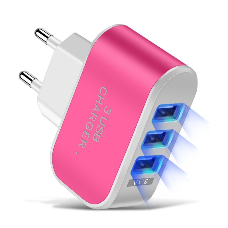 Candy Color 5V 1A US EU Plug 3usb 3 Ports USB Wall Home Charger Adapter For IPhone Samsung OPPO Charging Adapter With Indicator: EU Pink