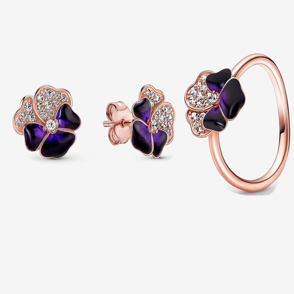 2022 neue Rose Gold Tiefe Lila Stiefmütterchen Blume Zucht Ohrringe Ring 1einstellen Für Frauen Luxus Schmuck: Ring Größe 5