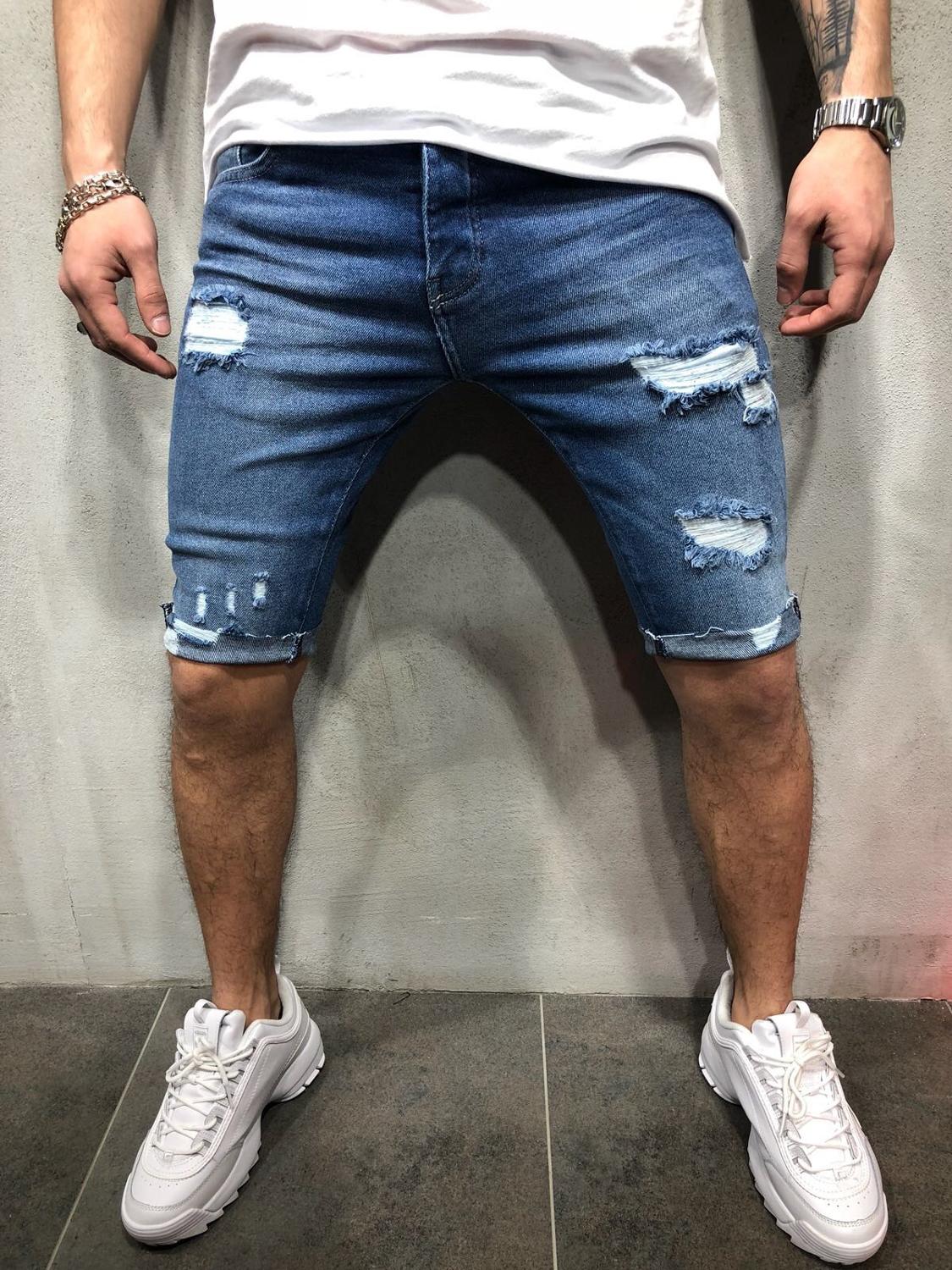 Denim Trousers with Holes and Slim Fit Men’s Pans Blue Denim Men’s Trousers Casual Shorts